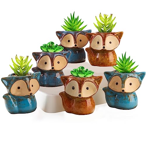 Dicunoy 6 Pack Mini Animal Succulent Planters, 3.5" Ceramic Fox Flower Pots with Drainage Hole, Cute Cactus Planter for Indoor Plants, Home, Office, Window Decoration