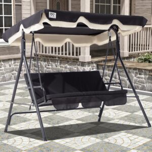 Fundouns 2-Person Patio Porch Swing Chair, Outdoor Canopy Hanging Swing Lounge Chair Adjustable Shade, Removable Cushions- Black and Beige