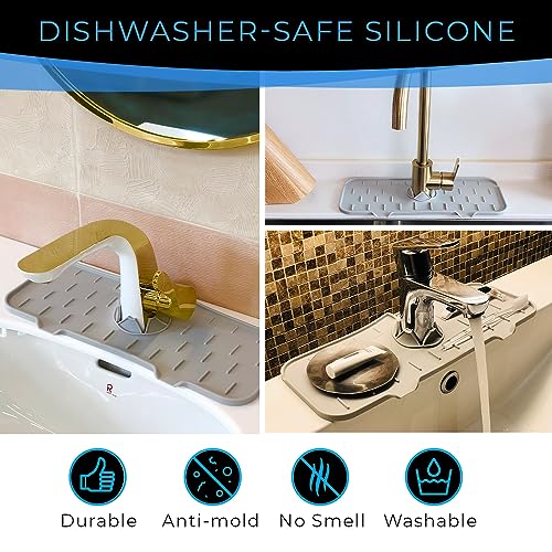 Silicone Faucet Handle Drip Catcher Tray Mat, Silicone Faucet Mat Dish Soap Sponge Holder for Kitchen Sink Accessories Gadgets, Drying Mat for Kitchen Counter Bathroom Kitchen Sink Splash Guard -Grey