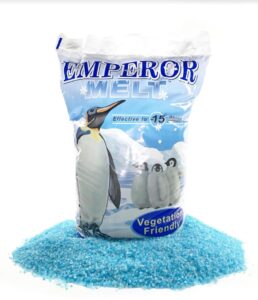 peach country blue emperor ice melt. environmentally friendly ice melter and pet safe ice melt effective to temperatures of -15 degrees fahrenheit. comes in a 50lb bag.
