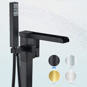 yagatap freestanding tub faucet, free standing tub filler matte black, single handle stand alone brass bathtub faucet with hand held shower and swivel waterfall mixer spout floor mount