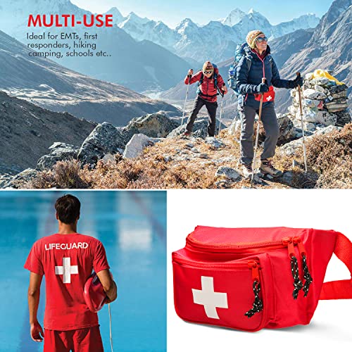 NOVAMEDIC First Aid Fanny Pack Stocked with 75 Piece Emergency Essentials, 8"x2"x6", Waist Bag w/ 3 Zippered Compartments & Adjustable Strap for Lifeguard, Hiking, Travel Men & Women, Durable, Red