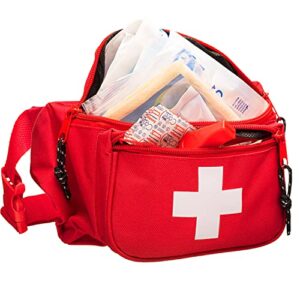 novamedic first aid fanny pack stocked with 75 piece emergency essentials, 8"x2"x6", waist bag w/ 3 zippered compartments & adjustable strap for lifeguard, hiking, travel men & women, durable, red