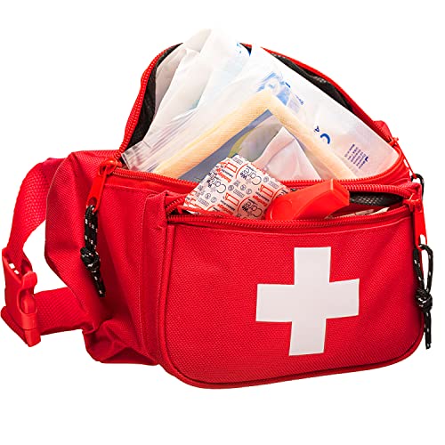 NOVAMEDIC First Aid Fanny Pack Stocked with 75 Piece Emergency Essentials, 8"x2"x6", Waist Bag w/ 3 Zippered Compartments & Adjustable Strap for Lifeguard, Hiking, Travel Men & Women, Durable, Red