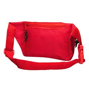 NOVAMEDIC First Aid Fanny Pack Stocked with 75 Piece Emergency Essentials, 8"x2"x6", Waist Bag w/ 3 Zippered Compartments & Adjustable Strap for Lifeguard, Hiking, Travel Men & Women, Durable, Red