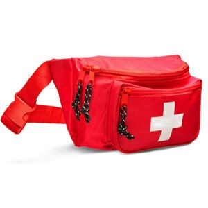 NOVAMEDIC First Aid Fanny Pack Stocked with 75 Piece Emergency Essentials, 8"x2"x6", Waist Bag w/ 3 Zippered Compartments & Adjustable Strap for Lifeguard, Hiking, Travel Men & Women, Durable, Red