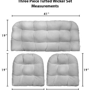 RSH DECOR Indoor Outdoor 3 Piece Tufted Wicker Settee and Chair Cushion Set, All Weather, Water & Fade Resistant Polyester Fabric, 1 Loveseat Cushion 41”x19” & 2 U-Shape Chair Cushion 19”x19”
