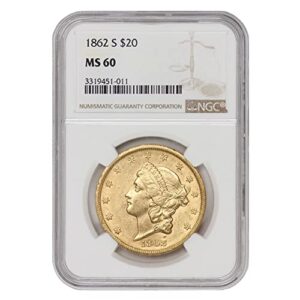 1862 s american gold liberty head double eagle ms-60 by coinfolio $20 ms60 ngc