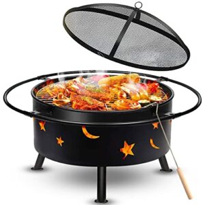 wasakky fire pits wood burning grill - 30” round steel deep bowl firepit - backyard cosmic，stars and moons firepit 2-in-1 for outside patio cooking black