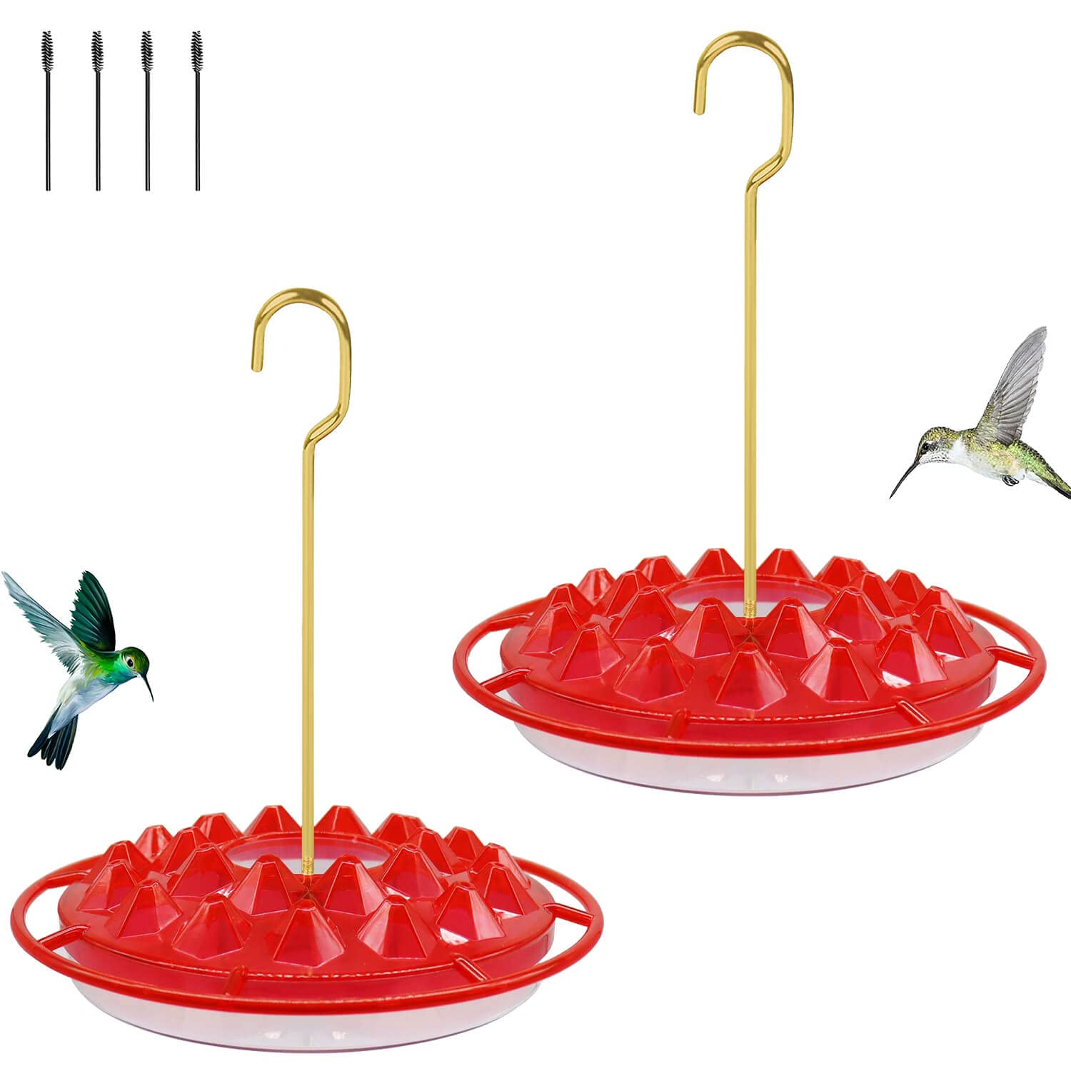 Hummingbird Feeders for Outdoors Hanging (2 Pack), 25 Feeding Ports, 10 oz, Leak-Proof Plastic Saucer Hummingbird Feeders, Easy to Assemble, Refill & Clean, with Cleaning Brushes