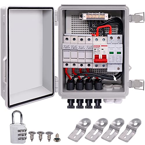 Taiss 4 String PV Combiner Box Solar Combiner Box with 63A Circuit Breaker and 15A Rated Current Fuse & Lightning Arreste Solar Connectors,IP65 Waterproof for On/Off Grid Solar Panel System