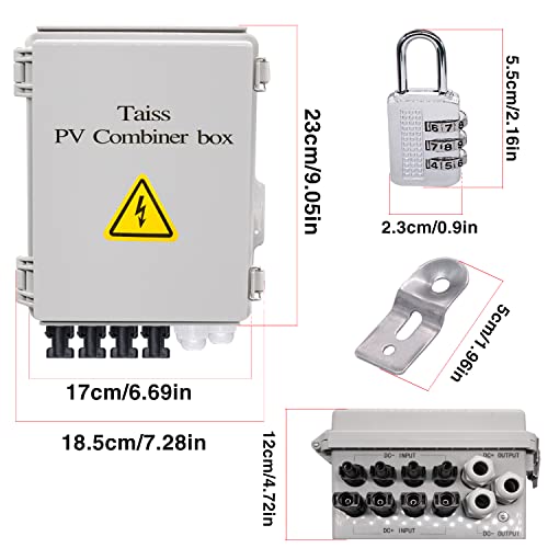 Taiss 4 String PV Combiner Box Solar Combiner Box with 63A Circuit Breaker and 15A Rated Current Fuse & Lightning Arreste Solar Connectors,IP65 Waterproof for On/Off Grid Solar Panel System