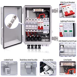 Taiss 4 String PV Combiner Box Solar Combiner Box with 63A Circuit Breaker and 15A Rated Current Fuse & Lightning Arreste Solar Connectors,IP65 Waterproof for On/Off Grid Solar Panel System