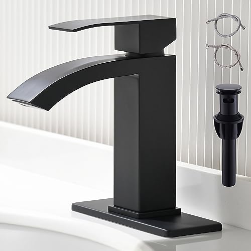 FROPO Black Bathroom Sink Faucet - Waterfall Bathroom Faucets Single Handle Lavatory Faucet with Pop-up Drain, 1 or 3 Hole Black Vanity Sink Faucet