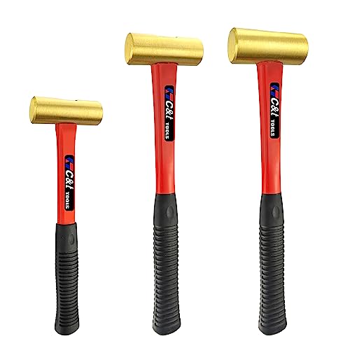 C&T 3-Piece Hammer Set,Jacketed Fiberglass Solid Brass Non-Sparking Hammer,16, 24, 32oz,Non Marring Non Sparking