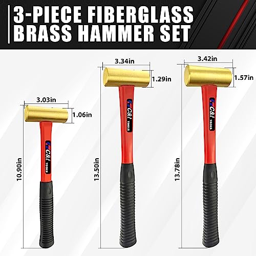 C&T 3-Piece Hammer Set,Jacketed Fiberglass Solid Brass Non-Sparking Hammer,16, 24, 32oz,Non Marring Non Sparking