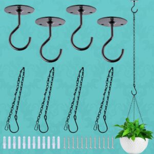 xdw-gifts 4 pack ceiling hooks with hanging chains for hanging birdfeeder, plants, lanterns, wind chimes, utensils, heavy duty, black coated indoor and outdoor