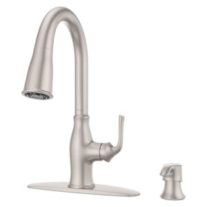 pfister rosslyn kitchen faucet with pull down sprayer and soap dispenser, single handle, high arc, spot defense stainless steel finish, f5297rssrgs