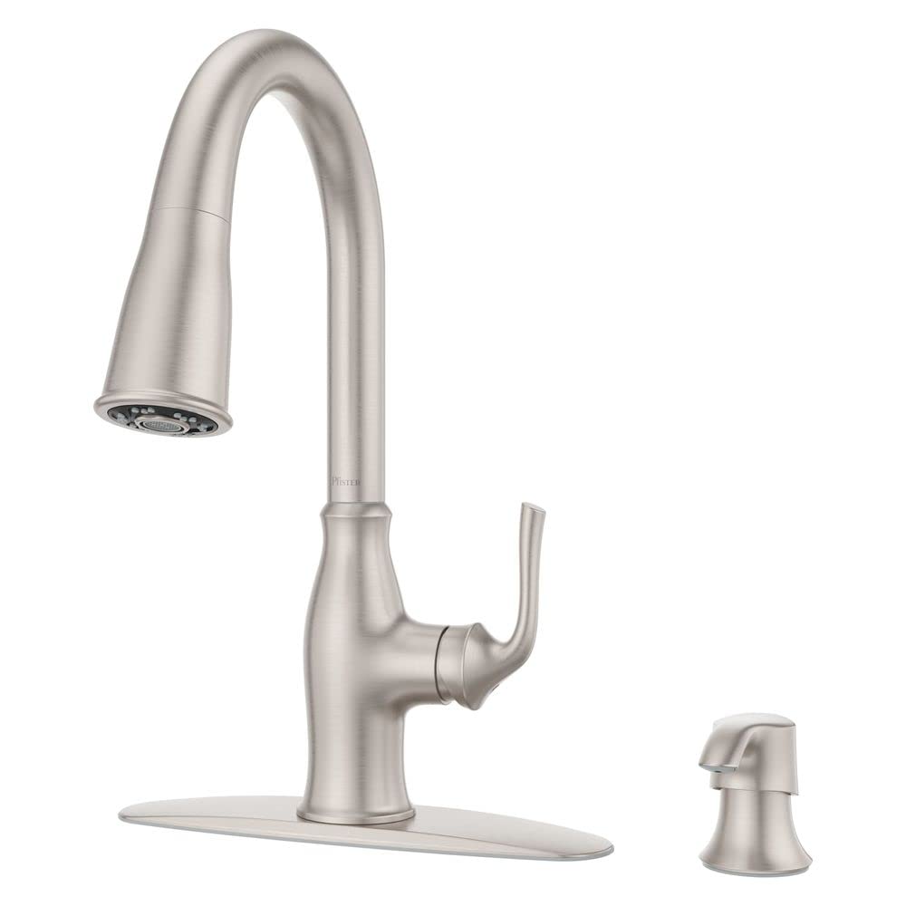 Pfister Rosslyn Kitchen Faucet with Pull Down Sprayer and Soap Dispenser, Single Handle, High Arc, Spot Defense Stainless Steel Finish, F5297RSSRGS