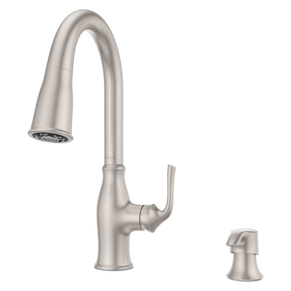 Pfister Rosslyn Kitchen Faucet with Pull Down Sprayer and Soap Dispenser, Single Handle, High Arc, Spot Defense Stainless Steel Finish, F5297RSSRGS