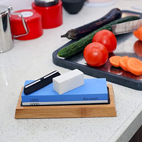 Aovemt Knife Sharpening Stone, Premium Knife Sharpening Kit, 2 Side Grit 1000/6000 Whetstone, Wet Stone, Nonslip Base, Angle Guide and Flattening Stone