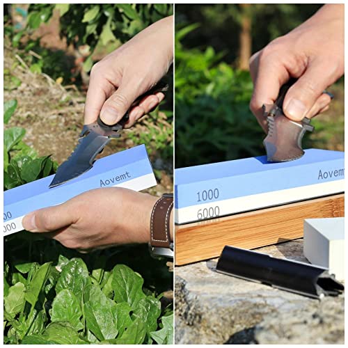 Aovemt Knife Sharpening Stone, Premium Knife Sharpening Kit, 2 Side Grit 1000/6000 Whetstone, Wet Stone, Nonslip Base, Angle Guide and Flattening Stone