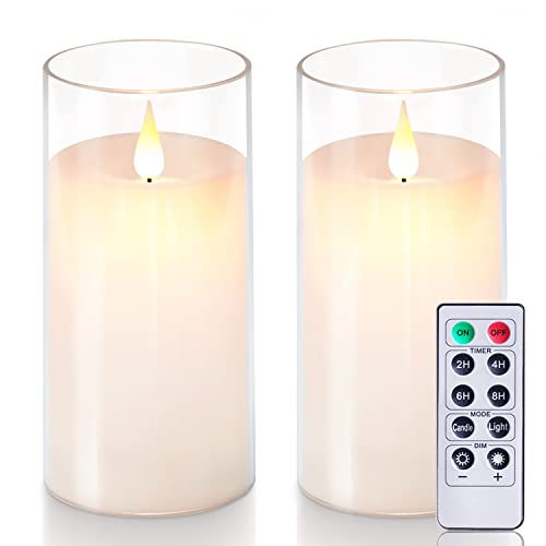 5plots 3" x 6" Pure White Flickering Flameless Candles with Clear Shell, Unbreakable Glass Battery Operated Plexiglass LED Pillar Radiance Candles with Remote Control and Timer