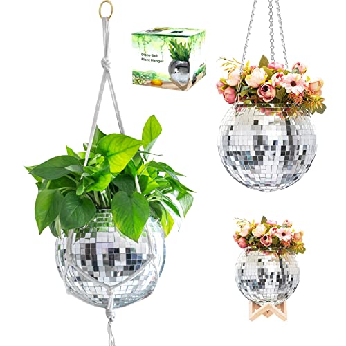 Veramz Disco Ball Planter 8" - Hanging Disco Ball Planter Pot with Macrame Rope Chain and Wooden Stand - with Drainage Hole and Plug - Mirror Ball Disco Decor Hanging Planter for Indoor Plants(Silver)