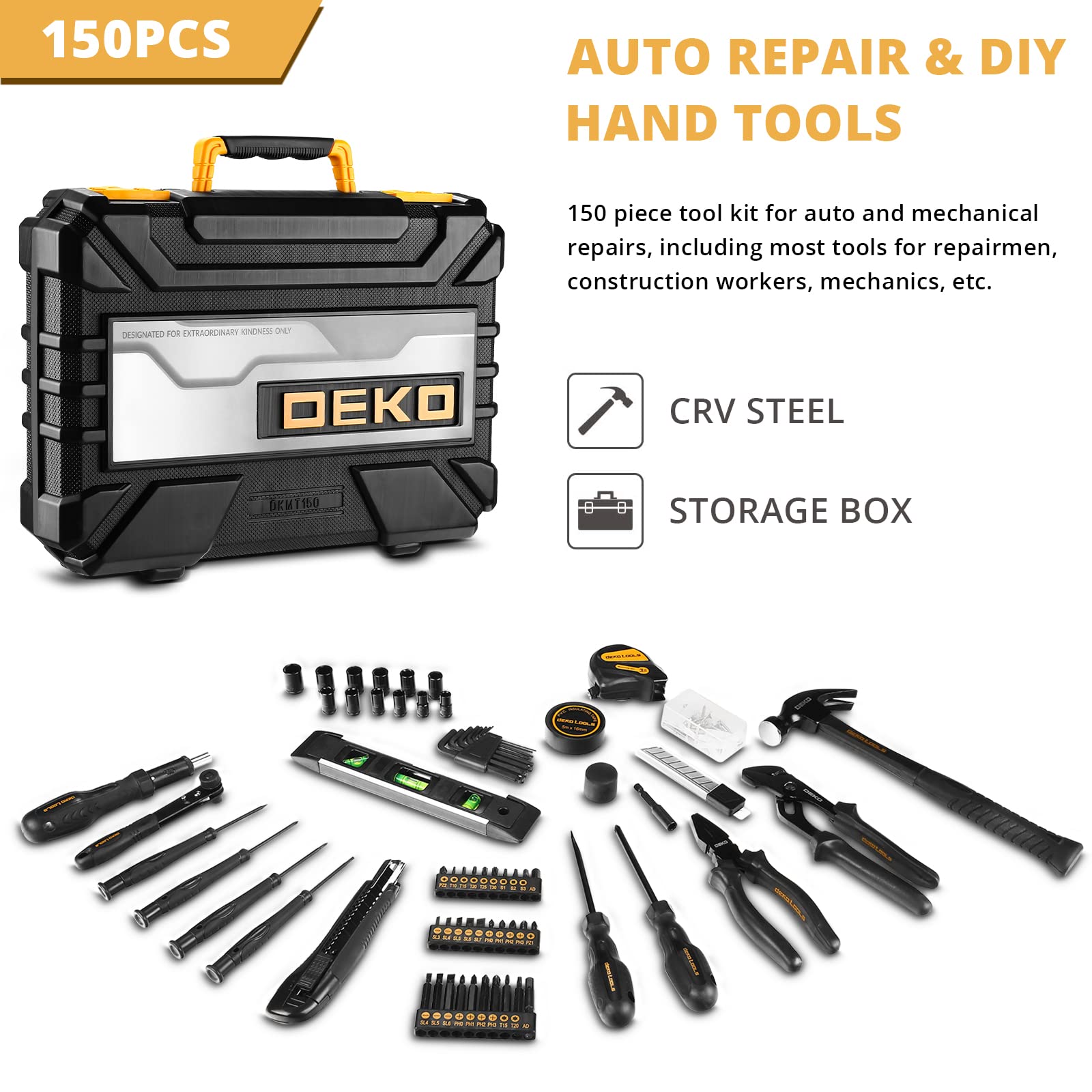 DEKOPRO 150 Piece Tool Set, General Household Hand Tool Kit, Home Repair Tool Kit with Plastic Toolbox Storage Case for DIY Project, Home Maintenance