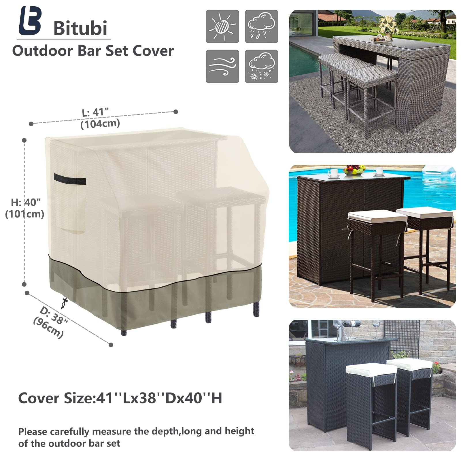 Bitubi 41 Inch Outdoor Bar Set Cover 600D Oxford Cloth Heavy Duty Waterproof Patio Bar Set Cover Wicker Bar Table Set Covers