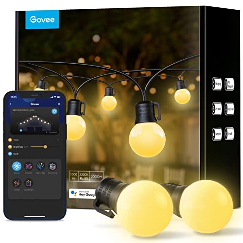 Govee Outdoor Lights, 50ft G40 APP Control String Lights with 6 Scene Modes, IP65 Waterproof Shatterproof Outdoor String Lights with 25 Dimmable Warm White LED Bulbs for Balcony, Backyard, Party