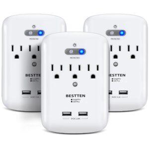 bestten [3 pack] usb wall outlet surge protector, 2.4a dual usb ports, 3 ac outlets, 900 joule surge suppression rating, led night light, etl listed