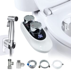 2-in-1 bidet attachment for toilet with handheld bidet sprayer, temperature display hot & cold water non-electric frontal & rear wash bidet attachment, self-cleaning dual nozzle & adjustable pressure