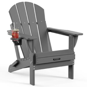 muchenghy outdoor folding adirondack chair weather resistant patio chair with cup holder for outside, deck, lawn, backyard, garden, fire pit, campfire lounger(gray)