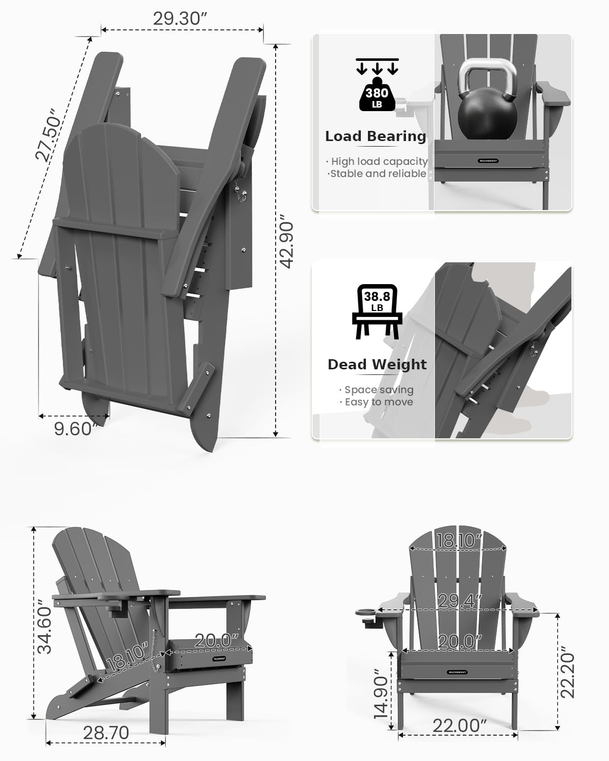 MUCHENGHY Outdoor Folding Adirondack Chair Weather Resistant Patio Chair with Cup Holder for Outside, Deck, Lawn, Backyard, Garden, Fire Pit, Campfire Lounger(Gray)