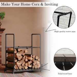 THRONKENGER Rustic Firewood Rack Industrial Style Firewood Holder with Lockable Wheels,Log storage with Solid Wood Base for Outdoor Indoor Fireplace (C)