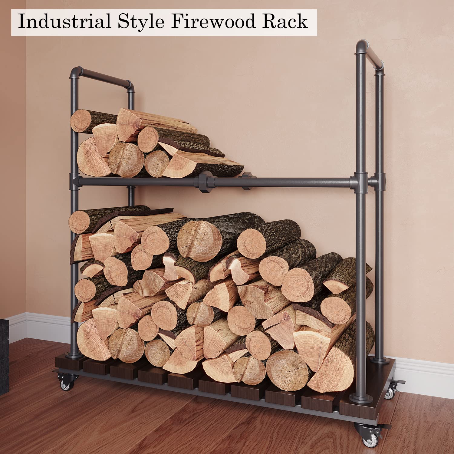 THRONKENGER Rustic Firewood Rack Industrial Style Firewood Holder with Lockable Wheels,Log storage with Solid Wood Base for Outdoor Indoor Fireplace (C)