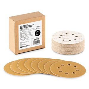 5 inch 150 grit sanding disc, 8 hole hook and loop aluminum oxide sanding discs for disc sanders & orbital sanders - 50 pack by toolant