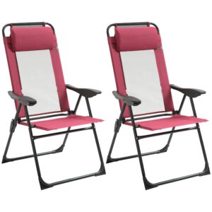 outsunny folding patio chairs set of 2, outdoor deck chair with adjustable sling back, camping chair with removable headrest for garden, backyard, lawn, red