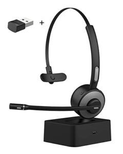 asiameng bluetooth headset with usb dongle/adapter, single-ear wireless headset with noise cancelling microphone mute key charging base/stand for computer pc laptop cell phones trucker office home