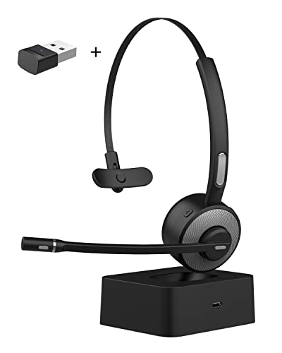 ASIAMENG Bluetooth Headset with USB Dongle/Adapter, Single-Ear Wireless Headset with Noise Cancelling Microphone Mute Key Charging Base/Stand for Computer PC Laptop Cell Phones Trucker Office Home