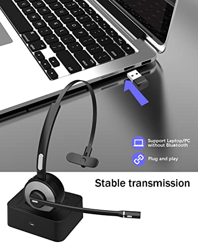 ASIAMENG Bluetooth Headset with USB Dongle/Adapter, Single-Ear Wireless Headset with Noise Cancelling Microphone Mute Key Charging Base/Stand for Computer PC Laptop Cell Phones Trucker Office Home