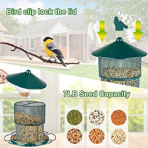 Bird Feeder for Wild Birds, Retractable 7lb Seed Capacity Hanging Wild Bird Feeder, Heavy Duty Metal Squirrel-Proof Bird Feeders for Outside Garden (Green)