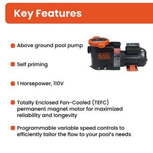 BLACK+DECKER Pool Pump, Energy Efficient Variable Speed Pool Pump for Above Ground Pools with Filter Basket, 1HP