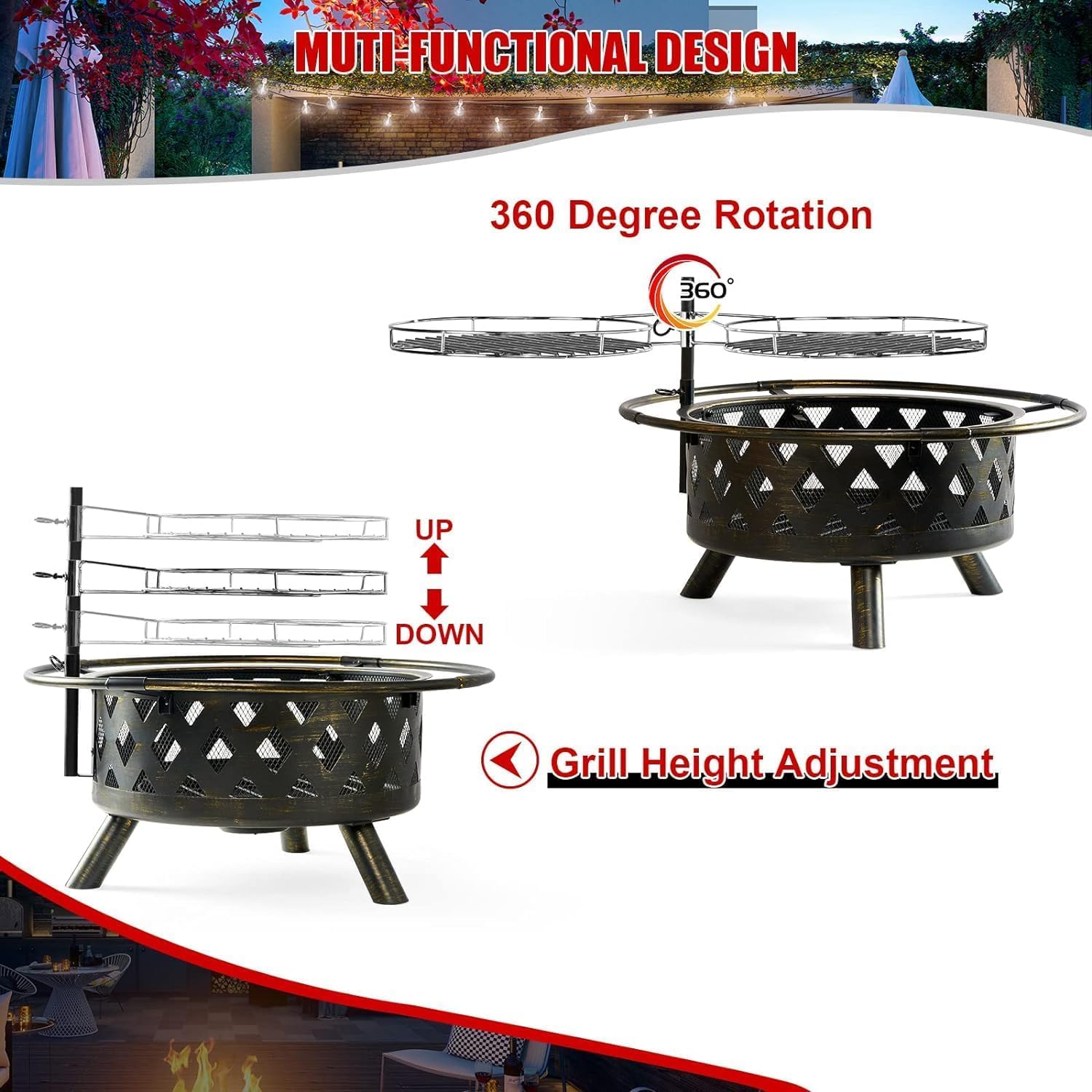 Aoxun Fire Pit 30in with Grill Outdoor Wood Burning 2 in 1 Fire Pit with Fire Poker (Black)