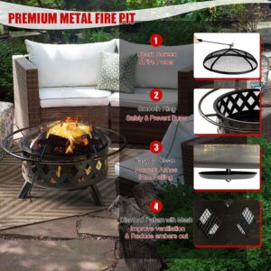 Aoxun Fire Pit 30in with Grill Outdoor Wood Burning 2 in 1 Fire Pit with Fire Poker (Black)