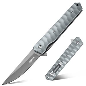 dispatch folding pocket knife aluminum handle with sanding drop point blade knife for camping, hunting, hiking, multifunction knife tool