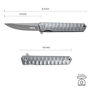 Dispatch Folding Pocket Knife Aluminum Handle with Sanding Drop Point Blade Knife for Camping, Hunting, Hiking, Multifunction Knife Tool