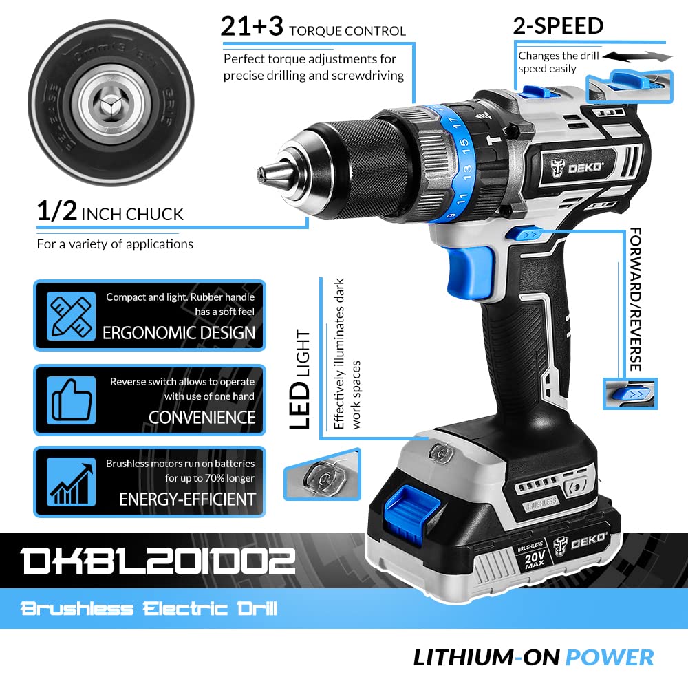 DEKOPRO Hammer Drill 20V Brushless Power Drill Set with Impact Drill,Cordless Drill with Battery and Charger,550 In-lbs,21+3 Torque Setting,1/2'' Keyless Chuck,2-Variable Speed,16pcs Bits Accessories