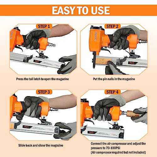 P625 23 Gauge Pneumatic Pin Nailer Accepts 3/8" to 1" Pin Nails, Headless Pinner/Pin Nail Gun for Cabinet, Windows, Doors, and Woodworking